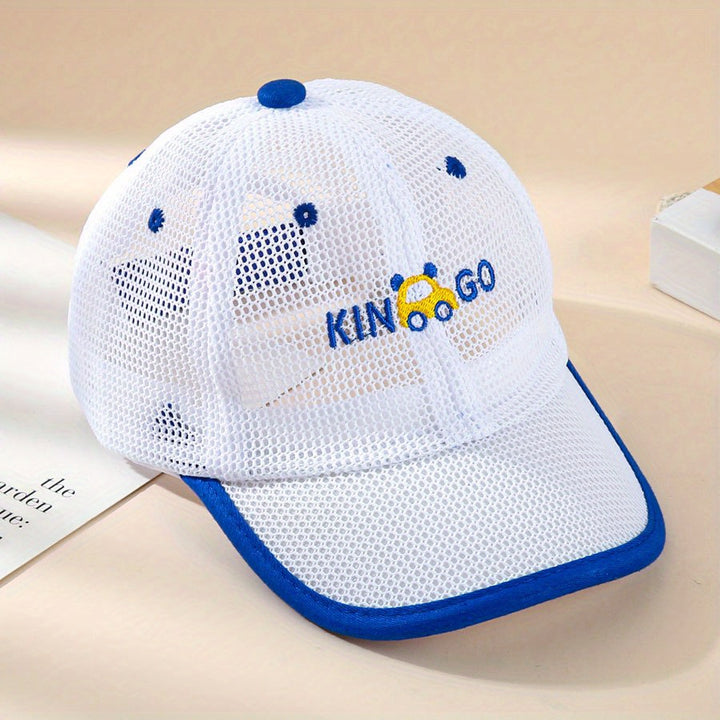 Gorra de béisbol para niños, 1 unidad, espalda de malla transpirable, cierre ajustable con clic, protección solar, negro y azul con rayas blancas, para niños y niñas de 3 a 7 años, fibra de poliéster, gorra casual | Diseño juguetón | Gorra duradera, gorra