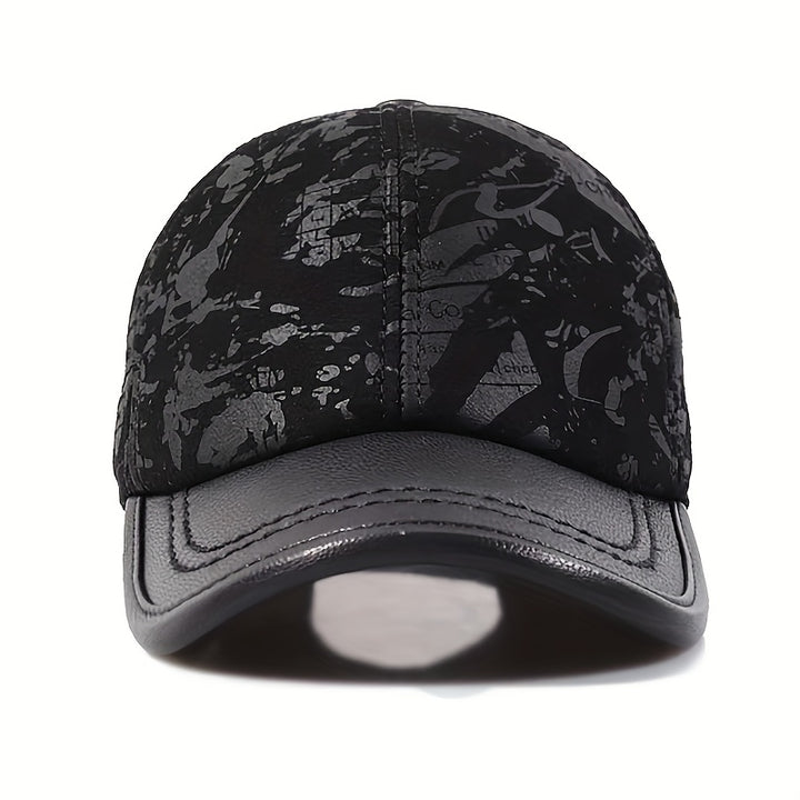 Gorra de béisbol de cuero auténtico unisex - Estilo británico funky con diseño grabado, patrón de camuflaje negro y blanco, ajuste ajustable para hombres y mujeres, gorra deportiva casual, gorra de cuero.
