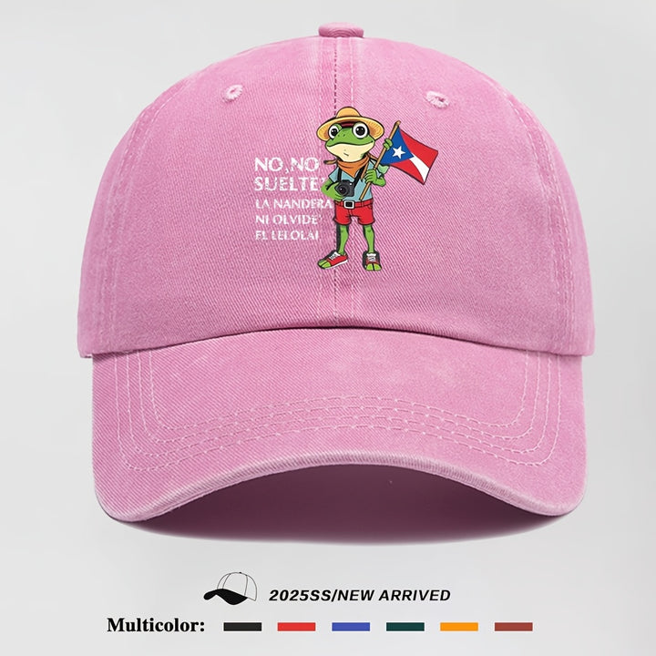 1 Gorra de béisbol ajustable retro con diseño de rana con bandera de Puerto Rico - Poliéster ligero, diseño de rana de dibujos animados, perfecto para actividades al aire libre y eventos de regreso a casa, ropa de cabeza al aire libre | Diseño de rana de