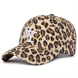 1 Gorra de béisbol con estampado de leopardo para mujer, ajustable, protección solar, sombrero casual para viajes al aire libre y vacaciones en la playa, poliéster, cierre con hebilla, detalles de bordado, gorra con estampado de leopardo