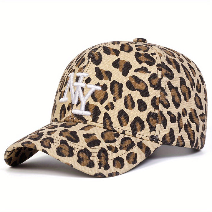 1 Gorra de béisbol con estampado de leopardo para mujer, ajustable, protección solar, sombrero casual para viajes al aire libre y vacaciones en la playa, poliéster, cierre con hebilla, detalles de bordado, gorra con estampado de leopardo