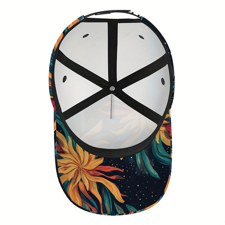 1 Gorra de béisbol con estampado de flujo Radiant Sunburst - Sombrero ajustable con cierre a presión, diseño floral vibrante y noche estrellada, ligera, perfecta para salidas diarias, reuniones de grupo, Navidad, ropa casual, sombrero casual, sombrero ele