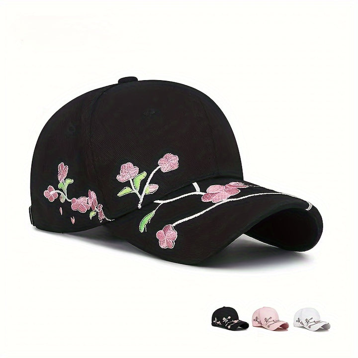 Gorra de béisbol elegante con bordado de flores de ciruelo, 100% algodón, estilo casual, diseño versátil en blanco y negro, para hombres y mujeres