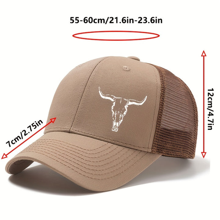 Gorra de béisbol para camionero, estilo vaquero occidental para hombre, con cuernos de toro y estampado de cowboy - Parte trasera de malla transpirable, cierre ajustable con visera, diseño estructurado de seis paneles, sombrero ligero para actividades al