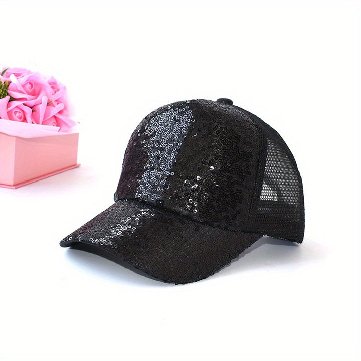 Gorra de béisbol con lentejuelas brillantes para niñas - Sombrero de sol de malla transpirable con cierre de snapback, diseño rosa pastel y dorado para actividades al aire libre de primavera/verano, salidas informales y fiestas, accesorios para la cabeza,
