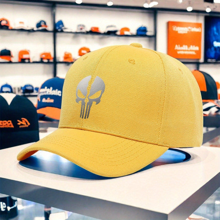 Gorra de Béisbol para Mujer con Estampado de Calavera Punisher - Ajustable, Ligera y Transpirable de Poliéster, Ideal para  y Senderismo, Negra con Estampado Blanco, Diseño Moderno de Estilo Urbano para Comodidad Todo el Año. Tejido de Tela