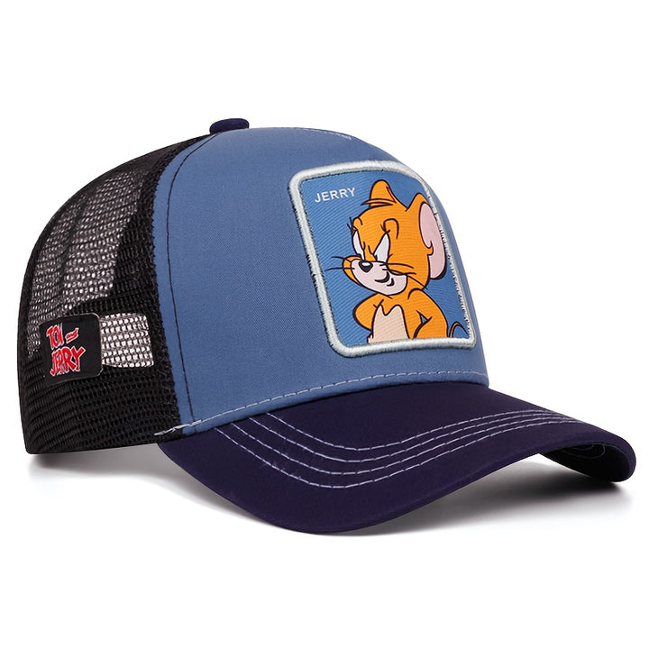 Gorra de Béisbol Oficial de WB - Personajes Icónicos (Tom, Jerry, Spike Mouse) Aplicación, Malla Ligera Blanca con Cierre, Gorra Casual para Todas las Estaciones, Accesorio para Fiestas