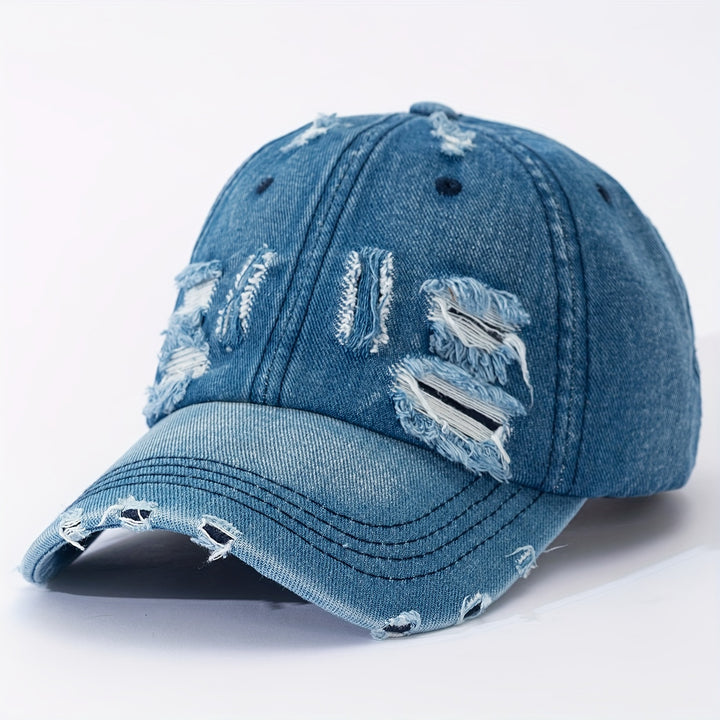 Gorra de béisbol de mezclilla desgastada y rasgada, ligera, versátil, estilo papá, ajustable, protección solar, para mujeres