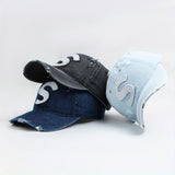 Gorra de Béisbol de Denim Lavado de Alta Calidad para Mujeres con Diseño Desgastado, Letra Grande S a la Moda, Gorro Duckbill Versátil y Casual para Hombres
