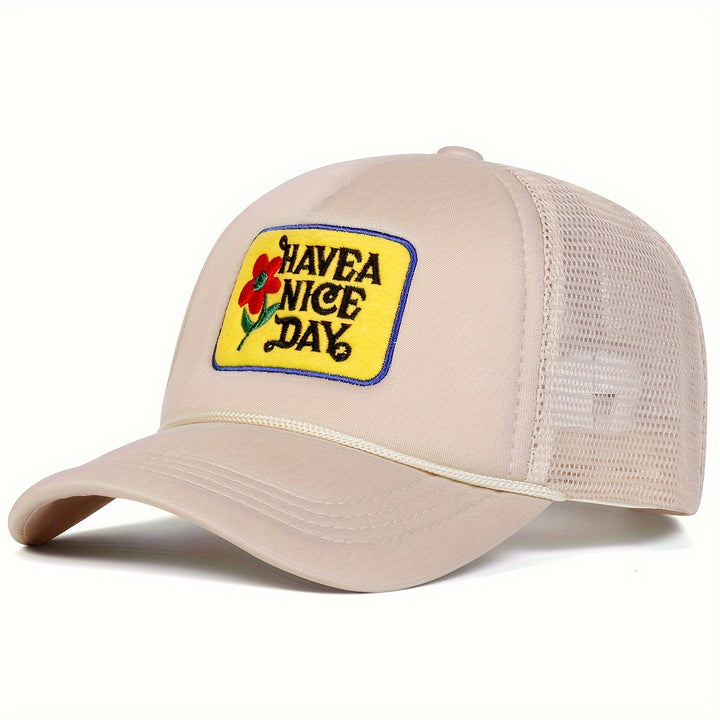 Gorra de béisbol floral para hombres, TEN UN BUEN DÍA, moda de malla de verano, sombrero de camionero para protección solar al aire libre, ajustable, gorra casual para primavera, otoño, viajes, playa y vacaciones