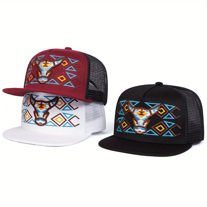 Gorra de béisbol para hombre con bordado de cabeza de toro, ideal para hip-hop, actividades al aire libre, gorra de malla ajustable para protección solar, perfecta para uso casual en viajes a la playa o vacaciones durante primavera y otoño