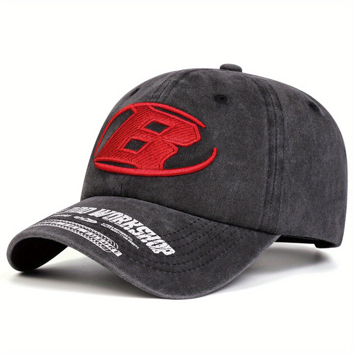 Gorra de Béisbol para Hombre - Ligera y Ajustable con Letra 'B' Roja, Visera Curva para Exteriores, Deportes y Uso Diario - Estilo Lavado Casual para Primavera/Otoño (Lavable a Mano), Accesorio de Viaje, Bordado Elegante, Fibra de Poliéster, Tela Transpir
