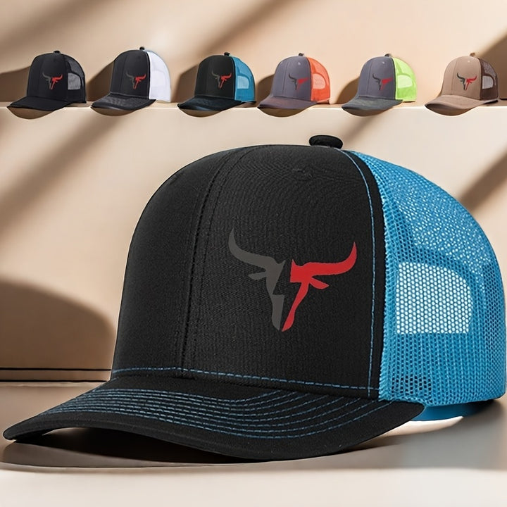 1 gorra ajustable para camionero con espalda de malla transpirable, negra y azul, estampado de calavera de vaca - algodón duradero, uso en todas las estaciones, solo lavado a mano, gorra para deportes al aire libre|Diseño de calavera de vaca|Espalda de ma