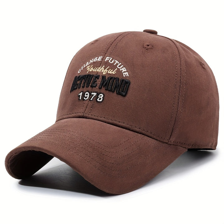 Gorra de Béisbol Unisex con Bordado Retro 'Mind' 1975 en Tono Dorado - Ajuste de Broche, Seis Paneles, Diseño de Fácil Cuidado para Todas las Estaciones, Casual y al Aire Libre