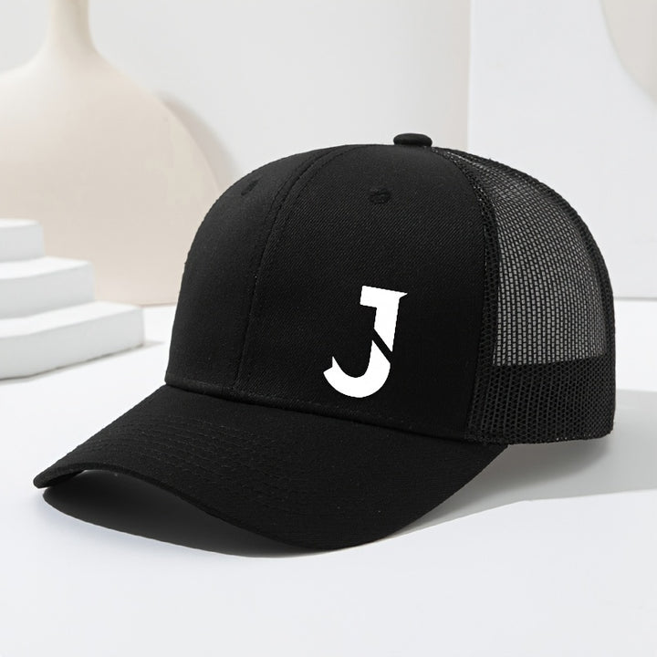 Gorra de béisbol unisex con letra J en el costado, diseño de malla transpirable y visera curva, ideal para primavera y verano. Gorra tipo trucker ajustable, perfecta para actividades al aire libre, deportes, senderismo y pesca