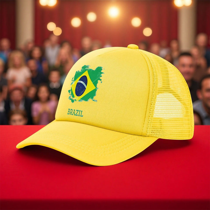 1 Gorra de Béisbol con Bandera Brasileña - Gorro Trucker Estampado con la Bandera de Brasil (Verde, Amarillo, Azul), Poliéster Ligero y Transpirable para Hombres y Mujeres, Exposición Hexagonal, Deportes, Viajes, Uso Diario - Accesorio Unisex, Sombrero Mo