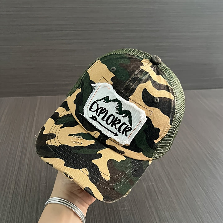 Gorra de Béisbol Retro Lavada para Adolescentes - Sombrero de Malla Transpirable con Ajuste Elástico, Parche de Letras Explore, Camuflaje y Verde para Viajes al Aire Libre en Primavera/Verano y Día de San Patricio