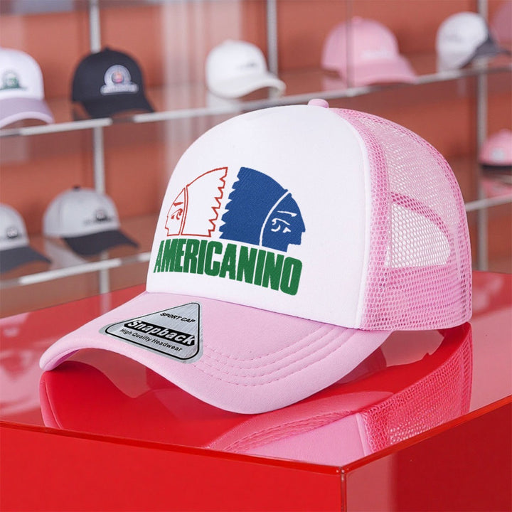 1 Gorra Trucker Retro Ajustable con Logo Americanino - Gorra de Béisbol Ligera de Poliéster con Visera Curva, Parte Trasera de Malla Transpirable, Diseño Unisex para Parejas, Ideal para Actividades al Aire Libre, Baile Urbano, Golf, Playa y Fiestas, Sombr