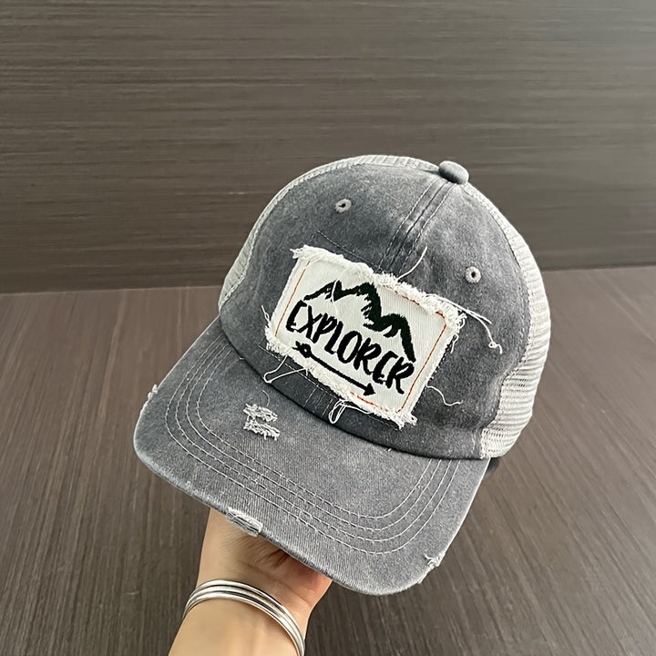 Gorra de Béisbol Retro Lavada para Adolescentes - Sombrero de Malla Transpirable con Ajuste Elástico, Parche de Letras Explore, Camuflaje y Verde para Viajes al Aire Libre en Primavera/Verano y Día de San Patricio