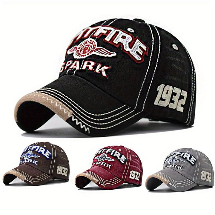 2 piezas de gorras de béisbol con bordado de letras grandes SPARK - Negras desgastadas con logotipo rojo y blanco, algodón, tejido no elástico, lavado a mano o limpieza en seco, estilo casual al aire libre