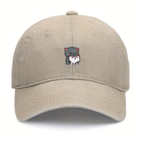 1 pieza de gorra de béisbol bordada con dibujos animados de gatitos grises y blancos, ajustable, ligera, transpirable, para todas las estaciones, poliéster, 100g/m², con instrucciones de cuidado de lavado a mano.
