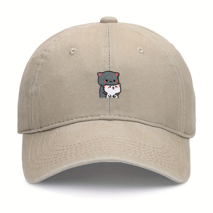 1 pieza de gorra de béisbol bordada con dibujos animados de gatitos grises y blancos, ajustable, ligera, transpirable, para todas las estaciones, poliéster, 100g/m², con instrucciones de cuidado de lavado a mano.