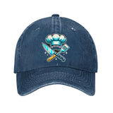 Gorra de Béisbol Ajustable y Ligera de Algodón para Chef - Gorra Negra con Sombrero de Chef Azul & Gráfico de Espátulas Cruzadas, Visera Curva para Hombres y Mujeres, Accesorios de Cocina al Aire Libre, Sombreros Casuales, Cabezal Cómodo