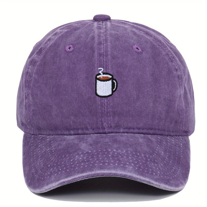 Gorra de béisbol ajustable de tela con bordado de café - Ligera, transpirable, cierre de botón, estilo urbano para hombres y mujeres