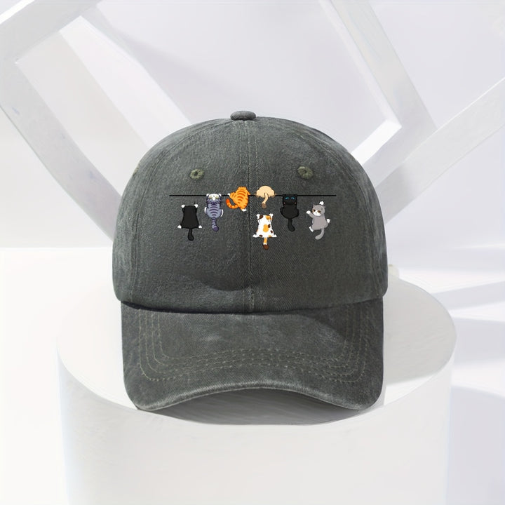 Tela. Adorable gorra de béisbol con temática felina, perfecta para la moda urbana, con un diseño divertido y vibrante adecuado para cualquier temporada.