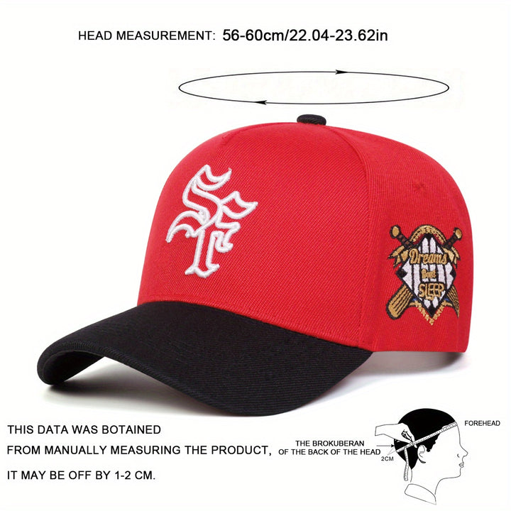 Gorra de Béisbol Gótica para Hombre - Gorra Ajustable Ligera con Letras SF, Roja/Negra, Relleno de Poliéster para Exteriores, Deportes y Casual - Sombrero Estilo Urbano, Diseño Contrastante, Transpirable