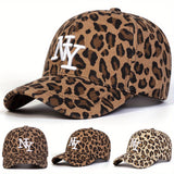 1 Gorra de béisbol con estampado de leopardo para mujer, ajustable, protección solar, sombrero casual para viajes al aire libre y vacaciones en la playa, poliéster, cierre con hebilla, detalles de bordado, gorra con estampado de leopardo