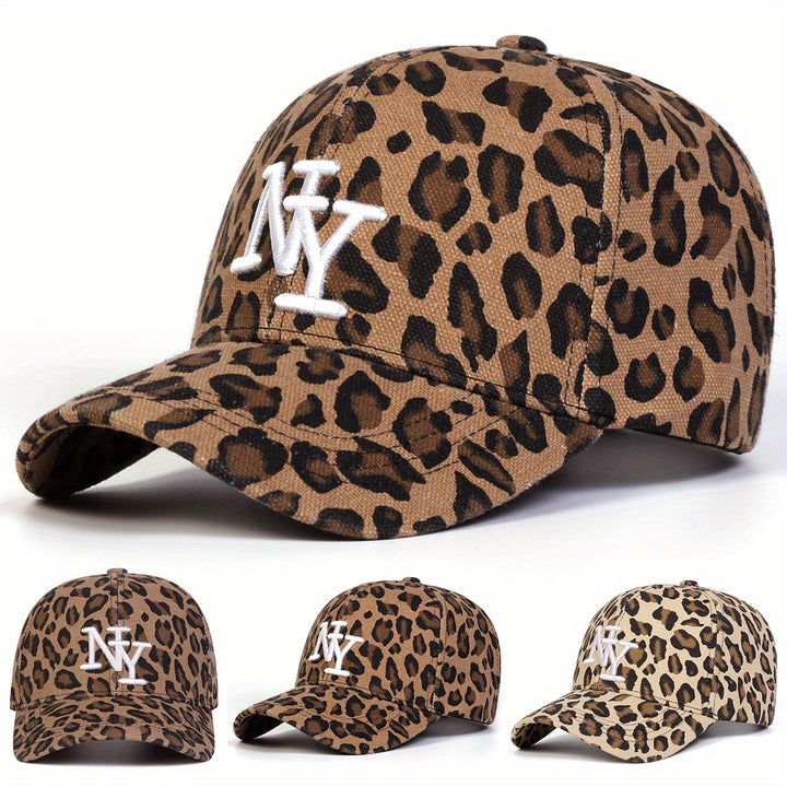 1 Gorra de béisbol con estampado de leopardo para mujer, ajustable, protección solar, sombrero casual para viajes al aire libre y vacaciones en la playa, poliéster, cierre con hebilla, detalles de bordado, gorra con estampado de leopardo