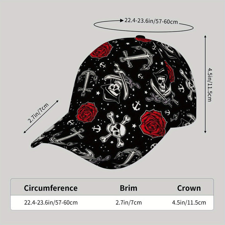 Gorra de béisbol estilo gótico JAIXIWU - Negro con diseños de cráneos blancos, rosas y espadas, gorra de sol casual para deportes al aire libre, ajuste ajustable, fibra de poliéster, gorra de béisbol.