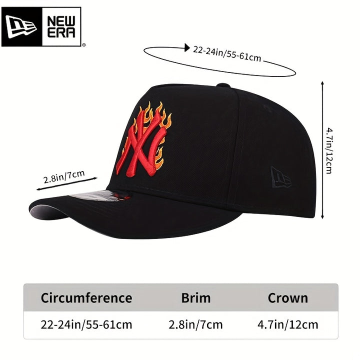 Gorra de béisbol Unisex New Era Black Hard-Top con visera curva y gráfico de llamas rojas y amarillas - Snapback ajustable, ligera y cálida para actividades al aire libre, camping, senderismo, uso casual