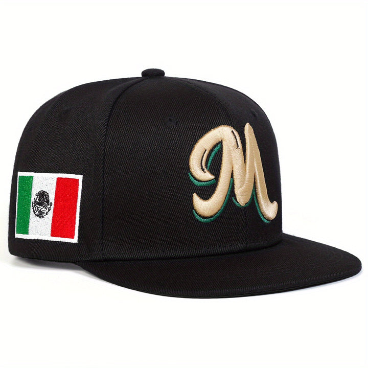 Gorra de béisbol con bandera de México y logo 'M' para hombre, 1 unidad, ajustable, ligera de poliéster, ideal para viajes, playa y uso casual (negro/verde/rojo), accesorio para exteriores, diseño con letras detallado