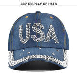 Gorra de béisbol para hombre con diamantes de imitación brillantes y letras de EE. UU. - Sombrero de ala curva estructurado de 6 paneles, gorro ligero para todas las estaciones para el 4 de julio, eventos deportivos y atuendos casuales, diseño duradero si