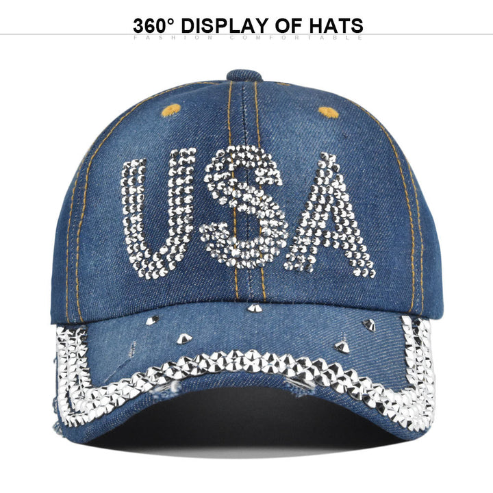 Gorra de béisbol para hombre con diamantes de imitación brillantes y letras de EE. UU. - Sombrero de ala curva estructurado de 6 paneles, gorro ligero para todas las estaciones para el 4 de julio, eventos deportivos y atuendos casuales, diseño duradero si