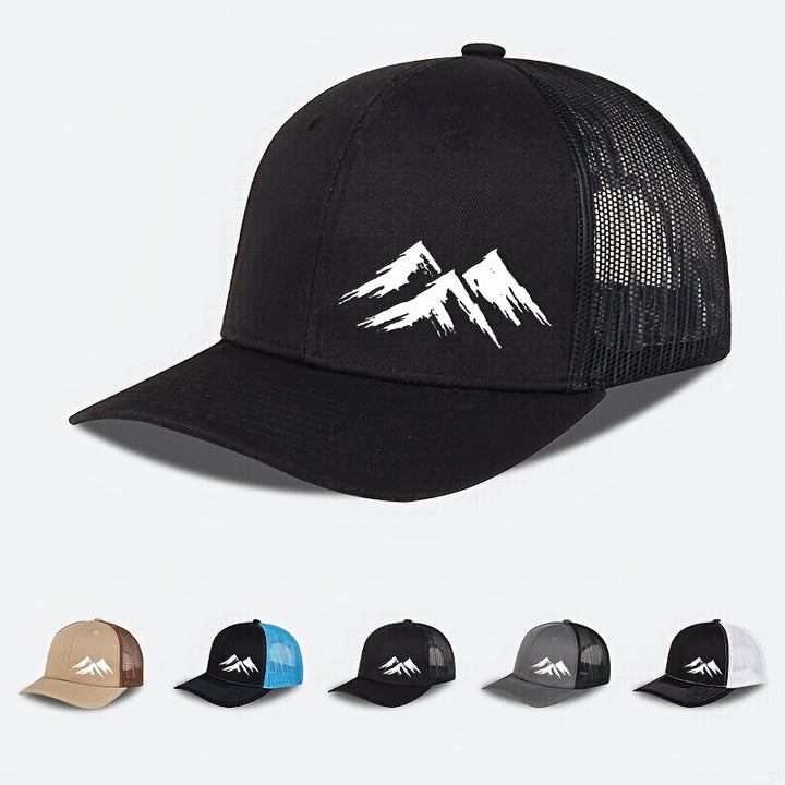 Gorra de Camionero con Patrón de Montaña Nevada MLFO 2025 - Gorra de Béisbol Ligera y Transpirable Ajustable para Hombres y Mujeres, 100% Poliéster, Negra con Diseño de Montaña Blanca, Perfecta para Deportes al Aire Libre, Uso Diario, Regalos del Día del