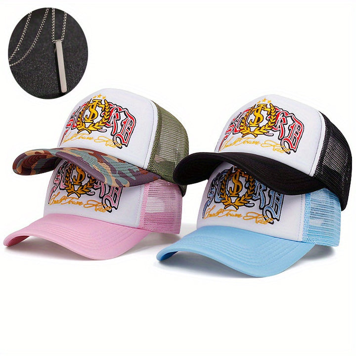 Conjunto de 2 piezas, sombrero + 'adornos', gorra de béisbol bordada con insignia de letra de estilo europeo y americano, gorra de camión de calle transpirable para hombres y mujeres.