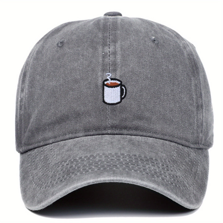 Gorra de béisbol ajustable de tela con bordado de café - Ligera, transpirable, cierre de botón, estilo urbano para hombres y mujeres
