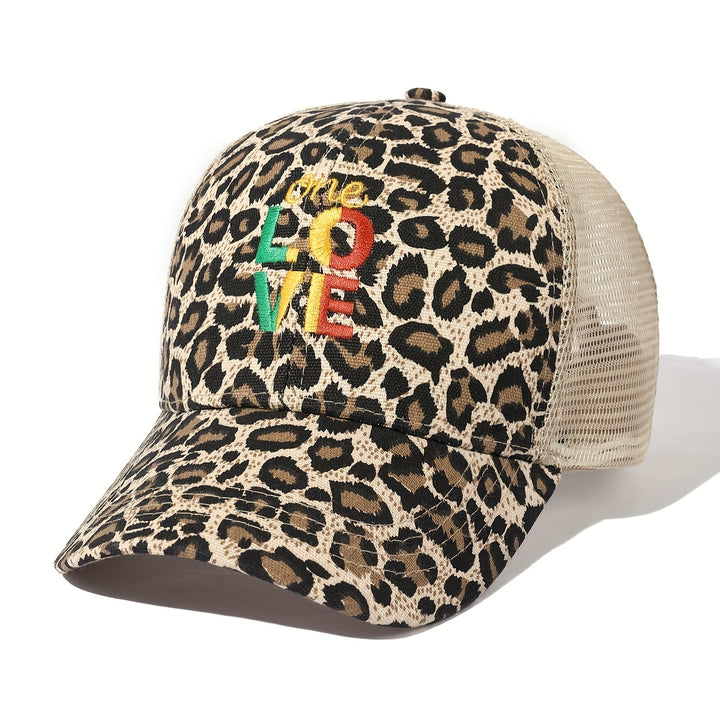 1 gorra de béisbol con protección solar, diseño de leopardo y bordado ONE LOVE, ajustable, 100% poliéster, lavado a mano o en seco, ideal para actividades al aire libre y vacaciones