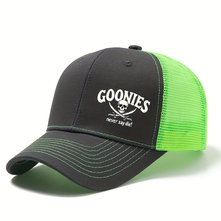 Tela. Un elegante gorro de béisbol de GOONIES estampado para hombres y mujeres, un sombrero de ala curva de malla transpirable para actividades de verano al aire libre, un gorro estilo camionero, adecuado para eventos al aire libre, vacaciones, camping y
