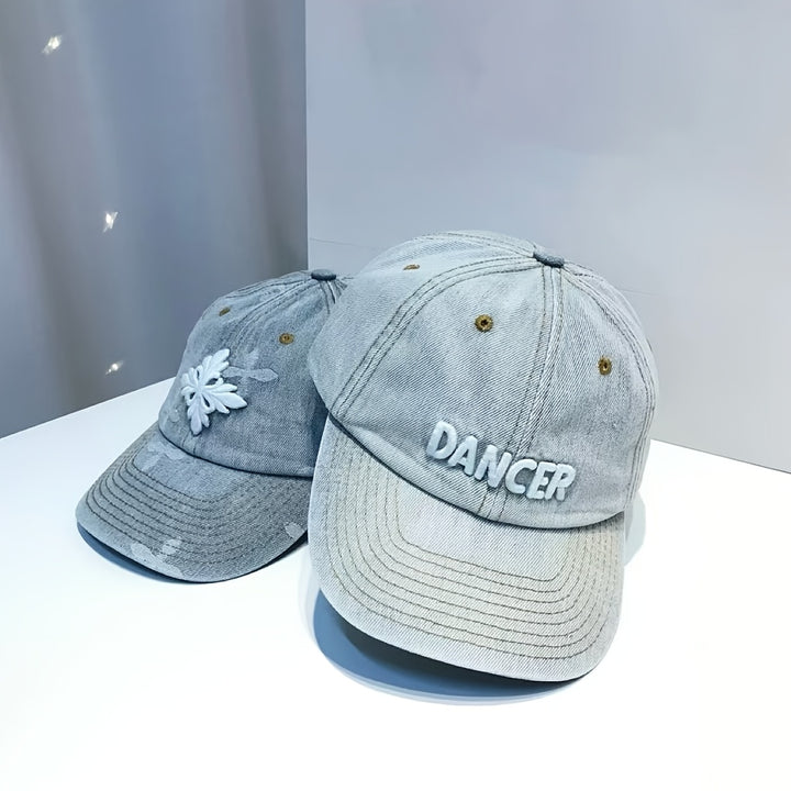 Gorra de Béisbol Bordada con Cruz y Letras para Mujer, Denim Lavado de Alta Gama con Correa Ajustable, Ideal para Streetwear y Danza