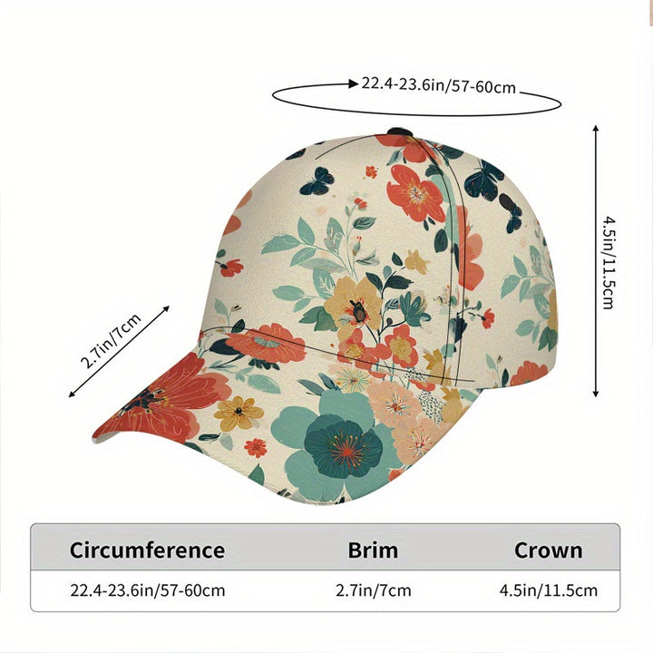 1 gorra ajustable de béisbol con estampado floral 2D de cuerpo completo - Diseño vibrante de flores y hojas, transpirable para deportes, running, gimnasio y actividades al aire libre - Estilo moderno para ropa casual urbana (Poliéster)
