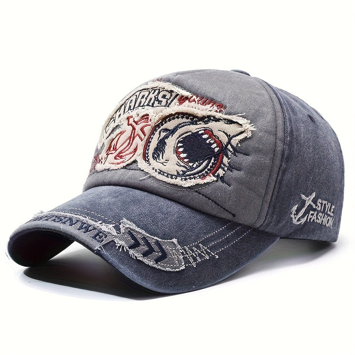 1 gorra de béisbol unisex ajustable con broche, estilo retro desgastado con bordado de tiburón, gorra ligera de ala ancha para todas las temporadas, para hombres y mujeres, deportes casuales al aire libre, ropa con tema marino