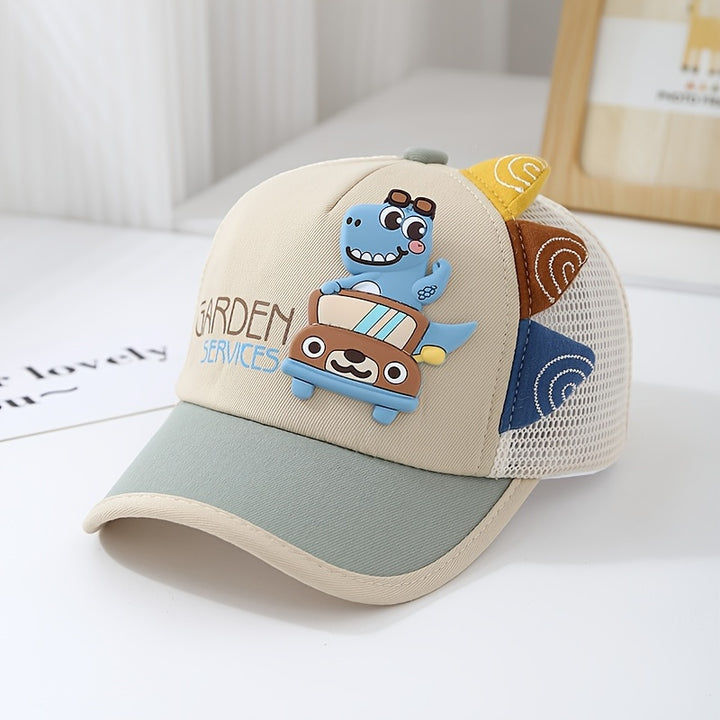 Gorra de Camionero con Dinosaurio para Niños y Niñas, Malla Trasera Ligera Transpirable - Gorro Veraniego para Edades 2-4 Años: Diseño Tierno de Dinosaureo y Truck, Cierre a Presión en Rosa/Beige/Azul/Marrón. Ideal Para Jugar, Fiestas o Uso Casual (Fácil