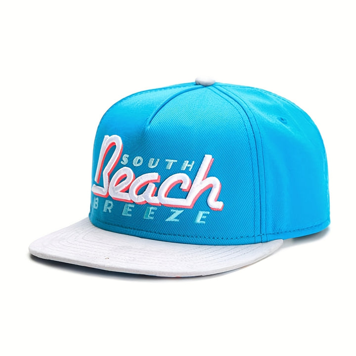 Sombrero de playa azul claro para hombre con letras de South Beach Breeze y diseño de palmera - Ligero y transpirable para surf, piscina, salidas a la playa - Accesorio casual de verano, sombrero de playa, sombrero para piscina, estilo preppy, sombrero...