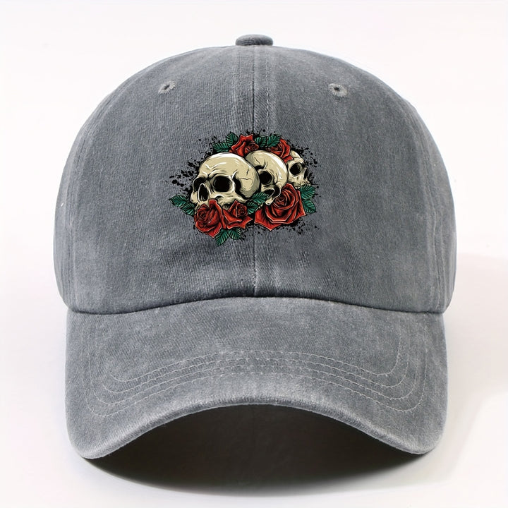 1 Gorra de béisbol impresa con un solo auricular, lavada a mano, ajustable, ligera, no elástica, con tema de vacaciones, diseño de rosa y calavera, para hombres, mujeres, ciclismo urbano al aire libre, todas las estaciones.