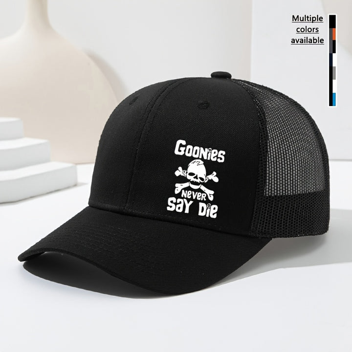 Goonies Never Say Die Gorra de Camionero con Calavera y Huesos Cruzados - Gorra Ajustable Transpirable para Hombres y Mujeres, Diseño /Blanco para Deportes al Aire Libre, Senderismo, Pesca (Primavera/Verano), Ropa Temática Fantástica, Fácil Cuidado
