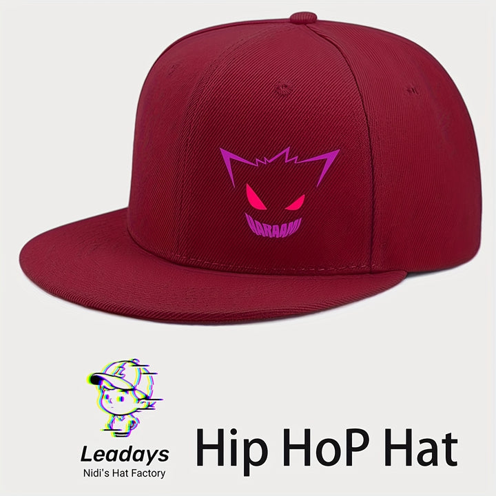 Gorra de béisbol con diseño de sonrisa diabólica de anime, ajustable con cierre trasero y visera plana, 100% poliéster transpirable, unisex, casual, para hombres y mujeres, ideal para uso en todas las estaciones, festivales y baile